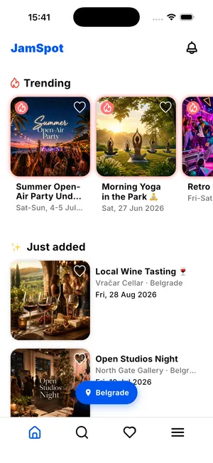 JamSpot app - explore the events feed near you